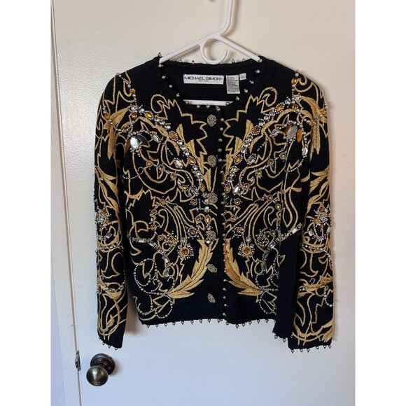 Vintage Michael Simon Black Gold Beaded Embroidered Sweater Cardigan Size 1 S/M - Picture 1 of 11